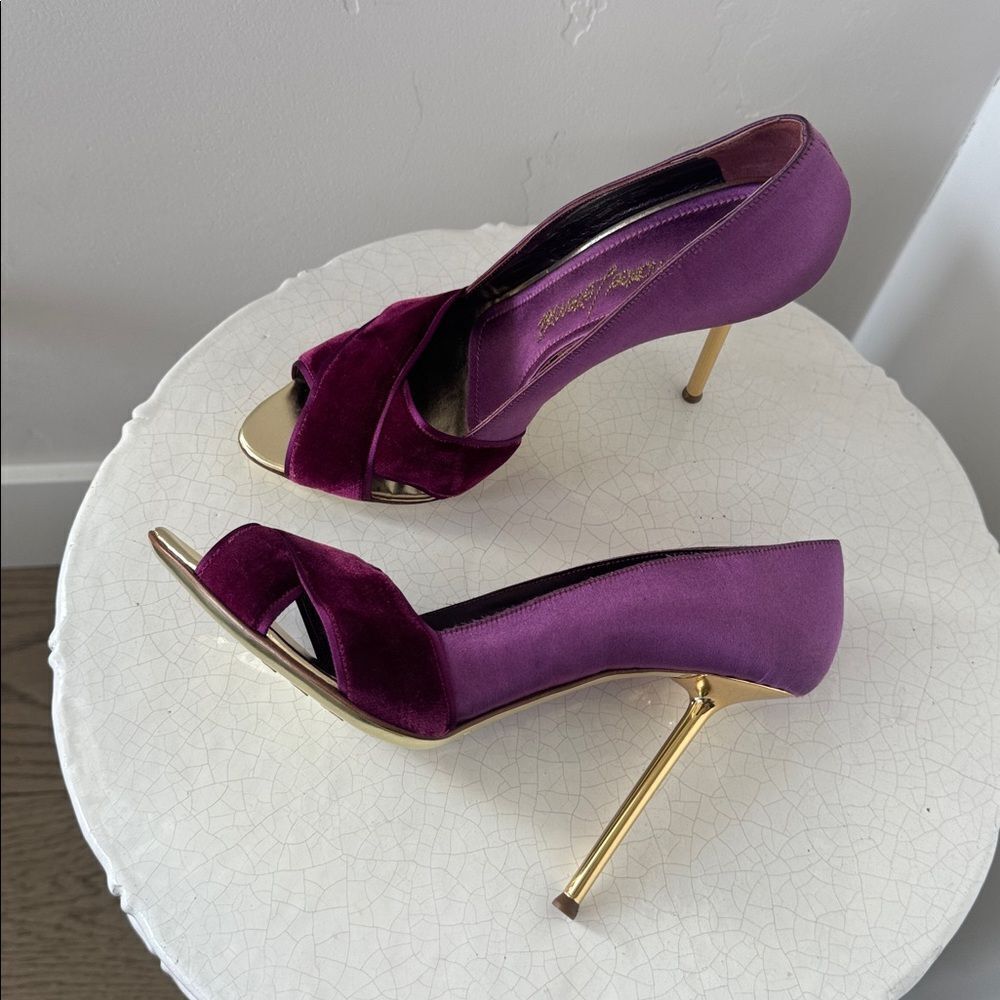 Gianmarco Lorenzi Purple Silk & Velvet Gold Sole Stiletto Heels Made in Italy 36
